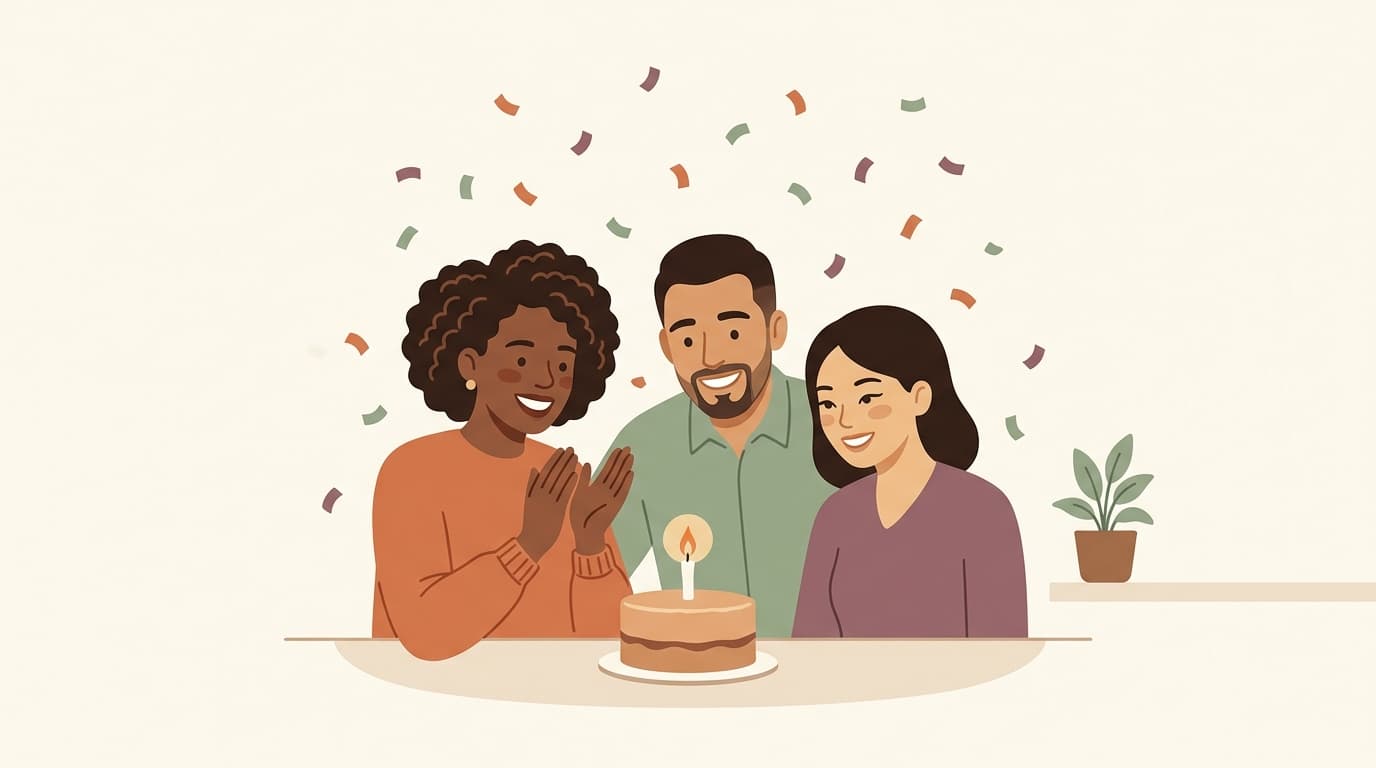 Illustration of coworkers celebrating around a birthday cake with confetti.