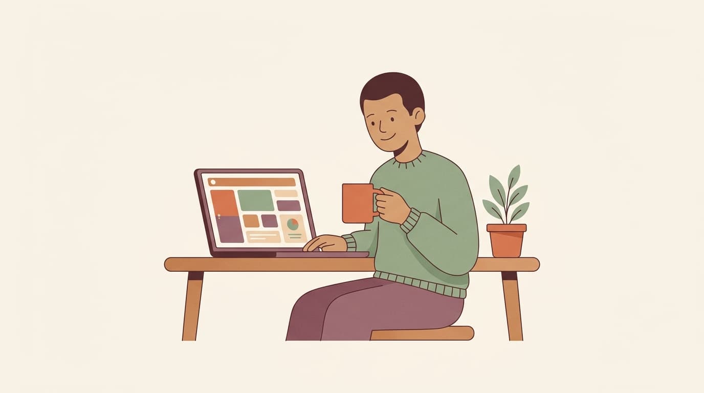Illustration of a person with a coffee mug smiling at a friendly laptop dashboard.