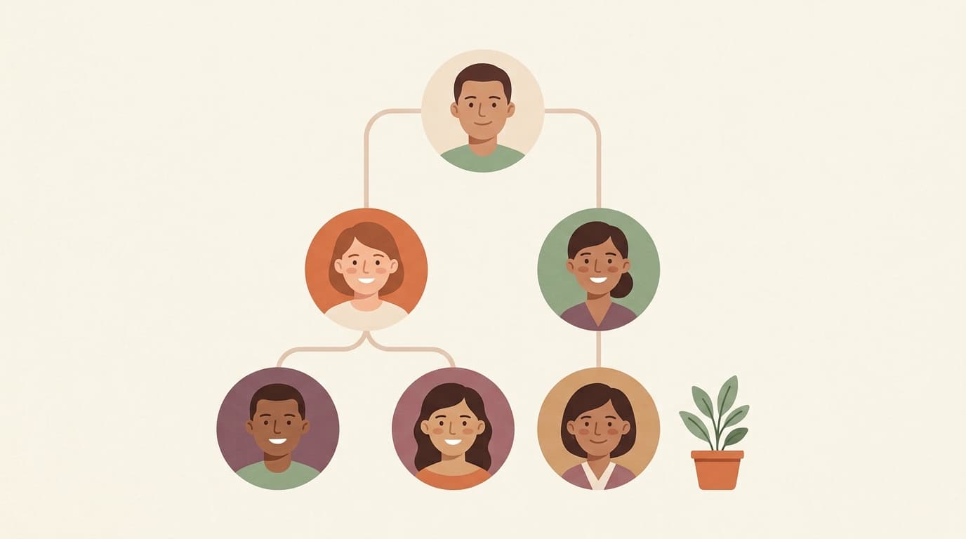 Illustration of an org chart connecting smiling portraits in a tree.