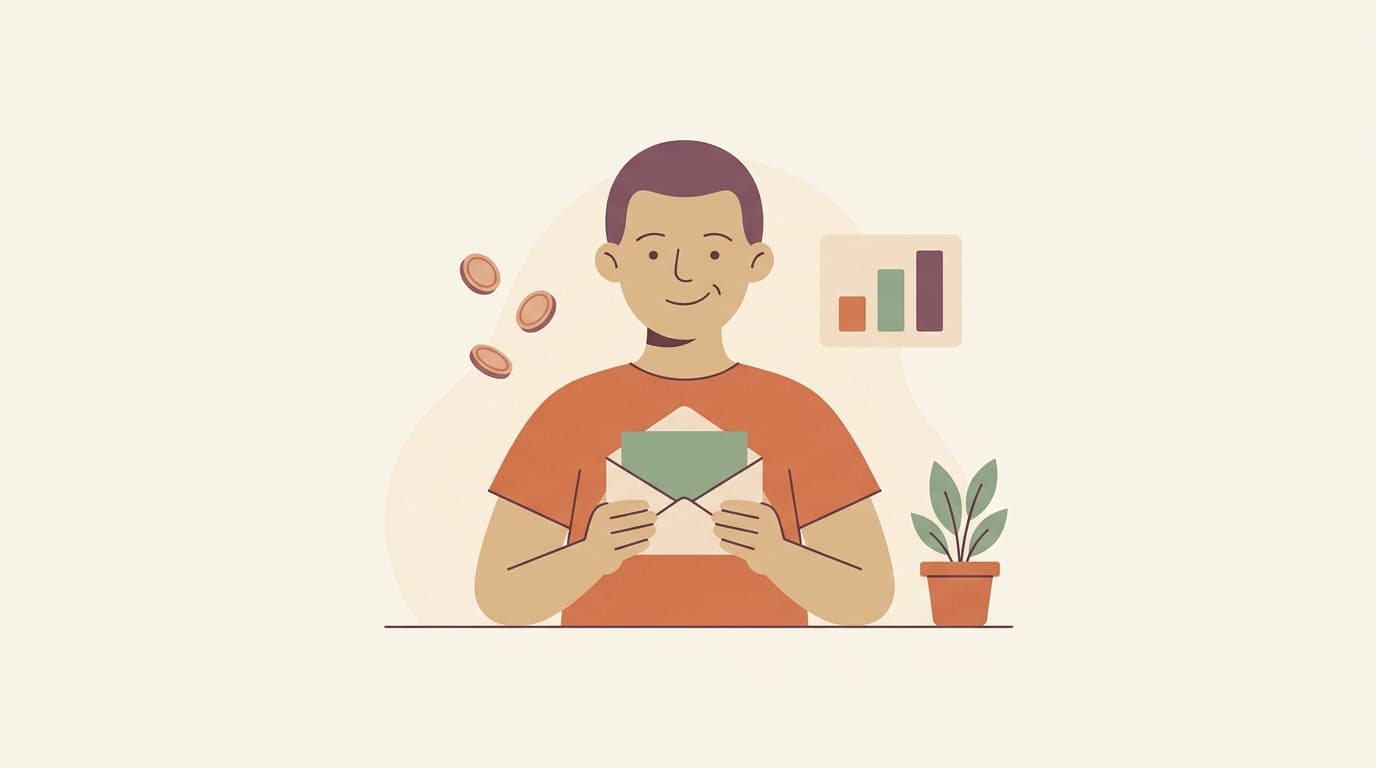 Illustration of a person holding a payslip envelope with floating coins.