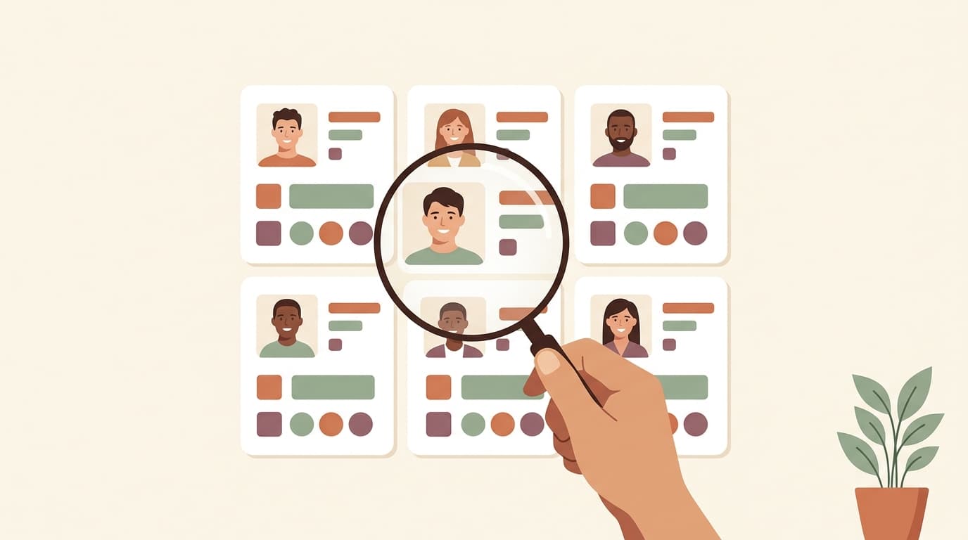 Illustration of a magnifying glass over a grid of profile cards.