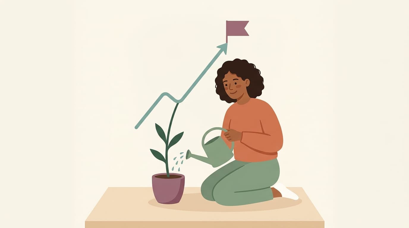 Illustration of a person watering a plant that grows into a rising chart.