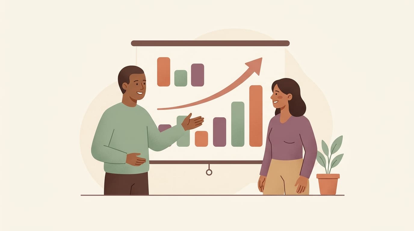 Illustration of two colleagues reviewing charts on a large screen.