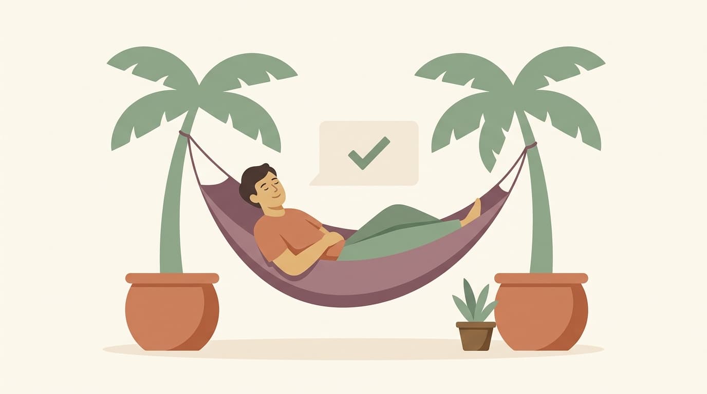 Illustration of a person relaxing in a hammock between potted palms.