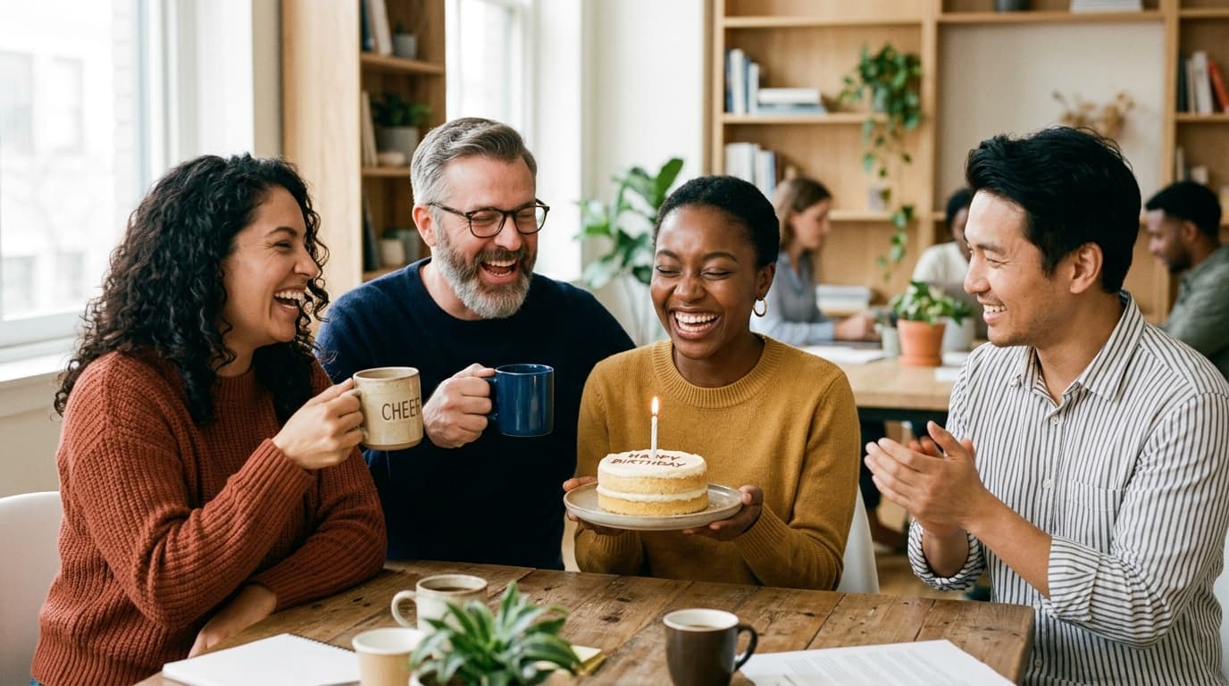 A team toasting with coffee mugs around a birthday cake.