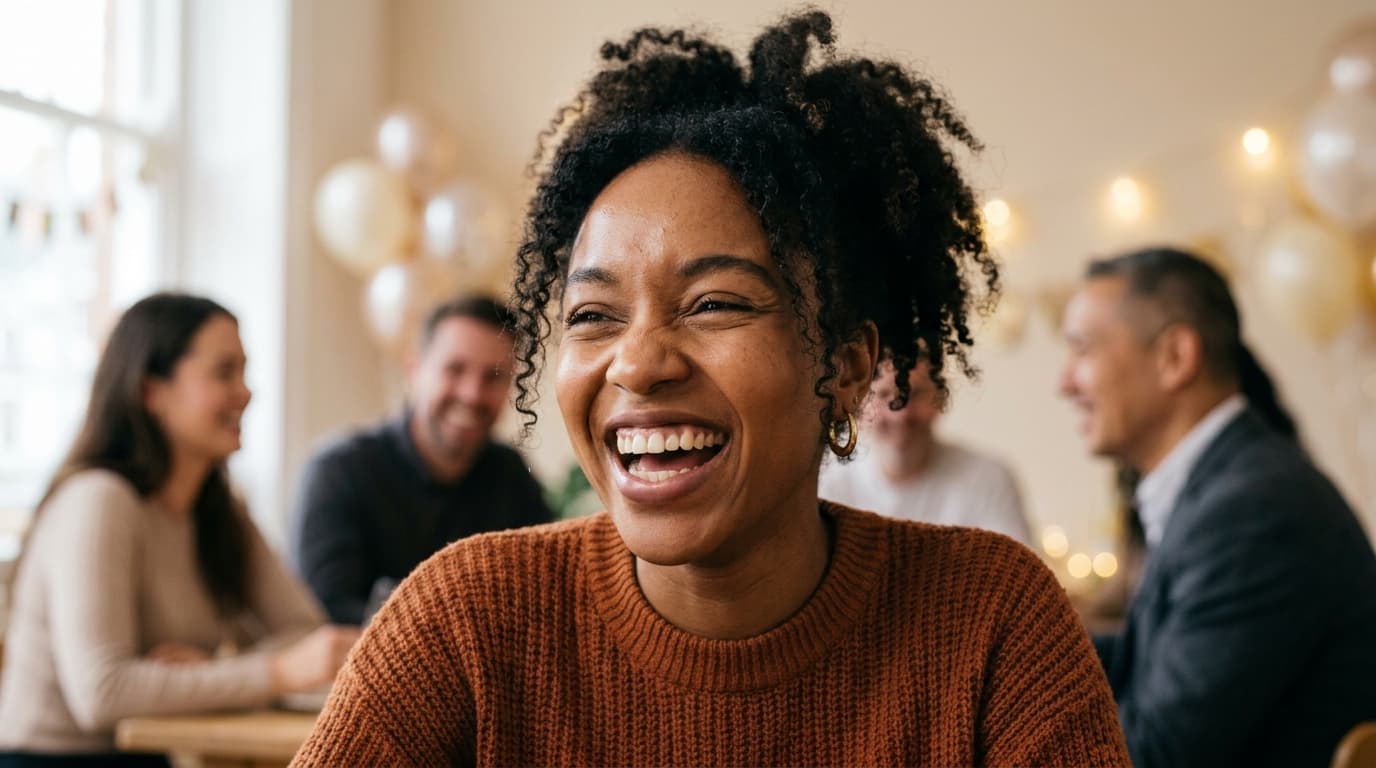 A woman laughing at an office celebration with balloons behind her.