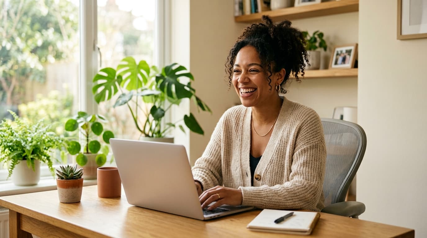 A new employee smiling at her laptop in a bright, plant-filled home office.