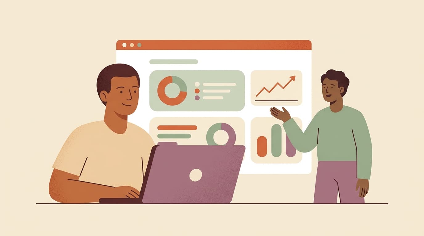 Illustration of two colleagues reviewing a payroll dashboard with charts.